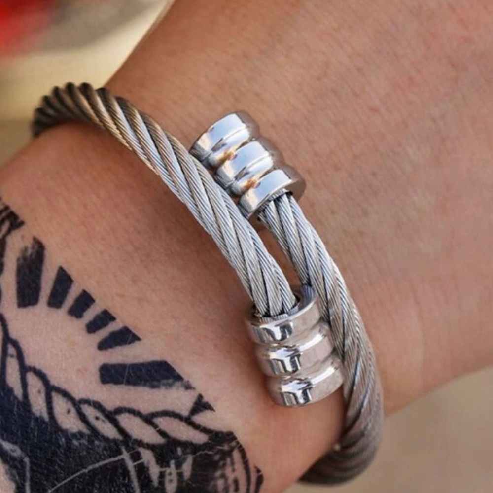 Men’s stainless steel adjustable rope twist cuff bracelet
